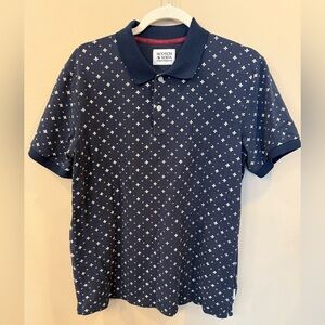 Scotch & Soda Mens Polo Shirt Large Blue White Print Organic Cotton Short Sleeve